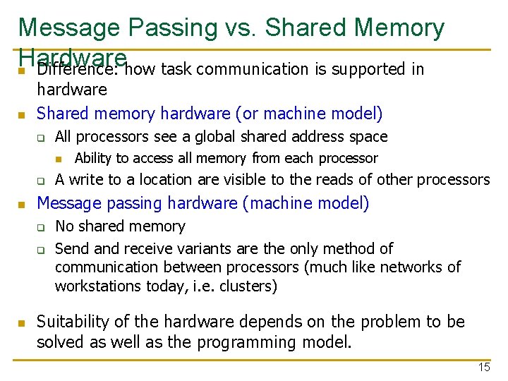 Message Passing vs. Shared Memory Hardware n Difference: how task communication is supported in