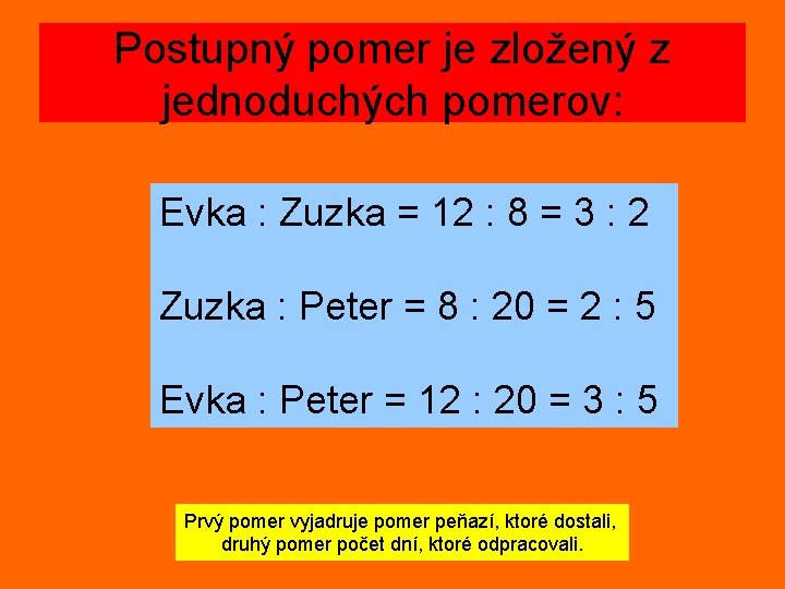 Postupný pomer je zložený z jednoduchých pomerov: Evka : Zuzka = 12 : 8