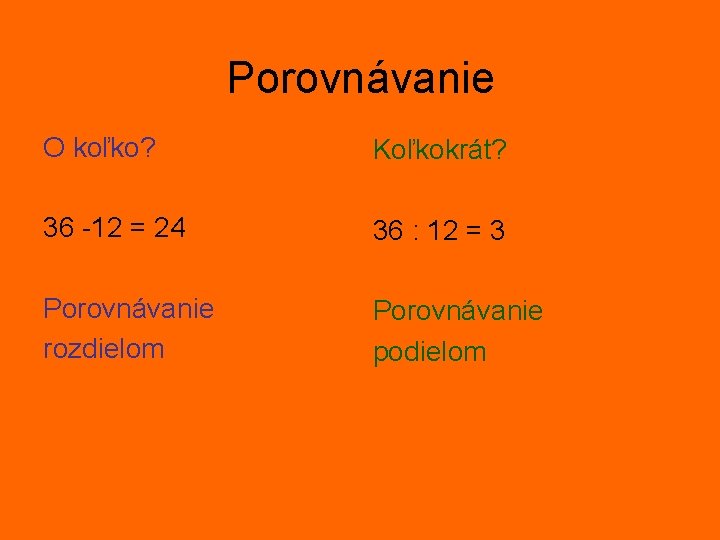 Porovnávanie O koľko? Koľkokrát? 36 -12 = 24 36 : 12 = 3 Porovnávanie