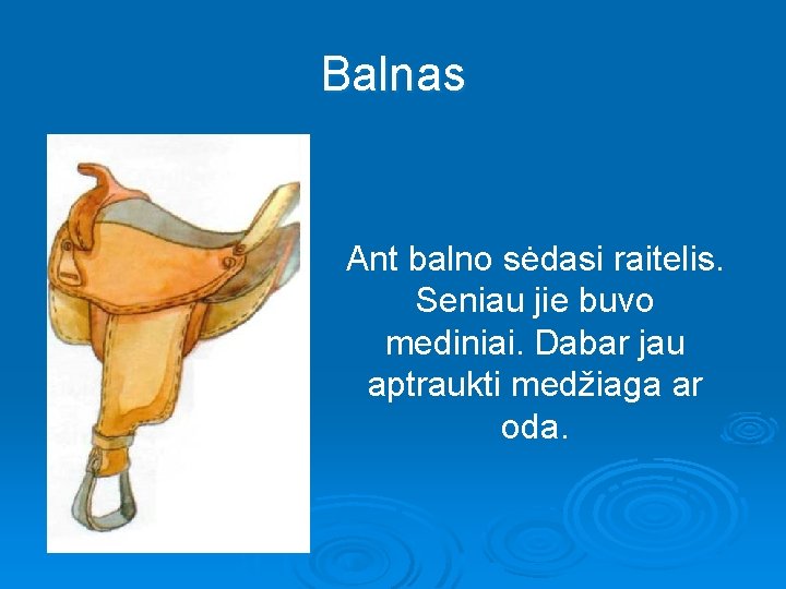 Balnas Ant balno sėdasi raitelis. Seniau jie buvo mediniai. Dabar jau aptraukti medžiaga ar