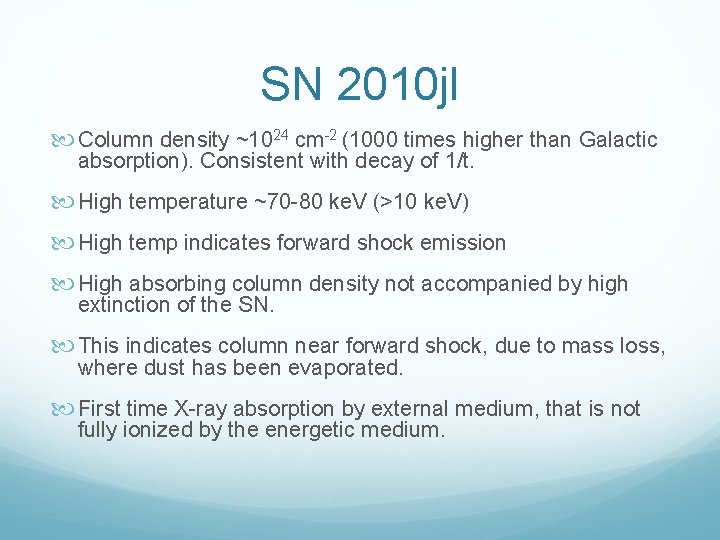 SN 2010 jl Column density ~1024 cm-2 (1000 times higher than Galactic absorption). Consistent