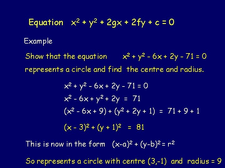 Equation x 2 + y 2 + 2 gx + 2 fy + c