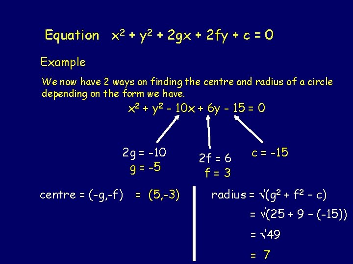 Equation x 2 + y 2 + 2 gx + 2 fy + c