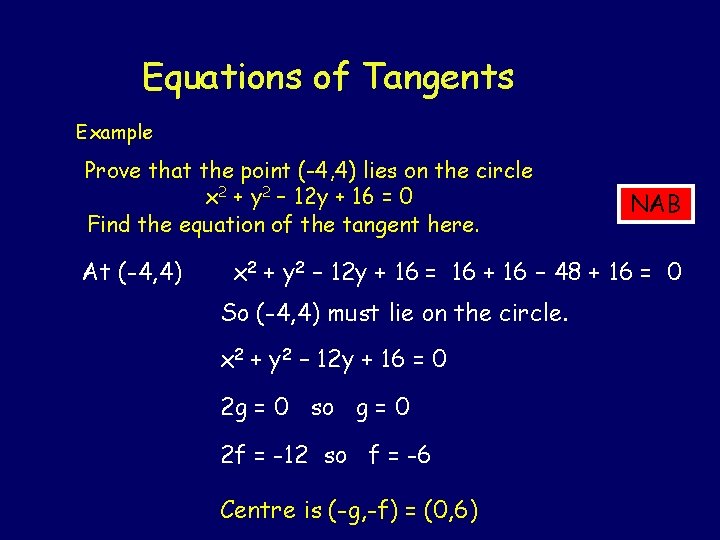 Equations of Tangents Example Prove that the point (-4, 4) lies on the circle