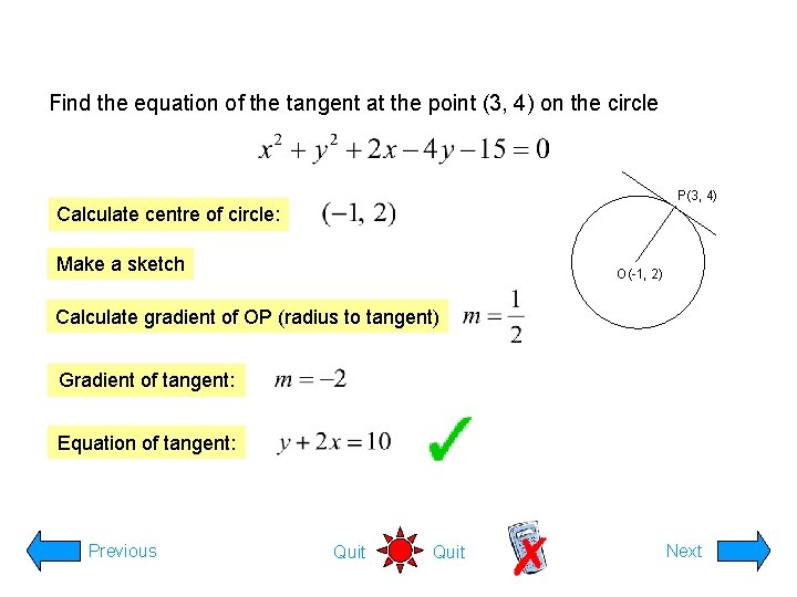 Find the equation of the tangent at the point (3, 4) on the circle