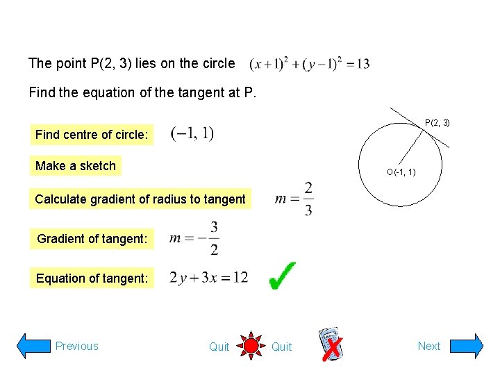 The point P(2, 3) lies on the circle Find the equation of the tangent