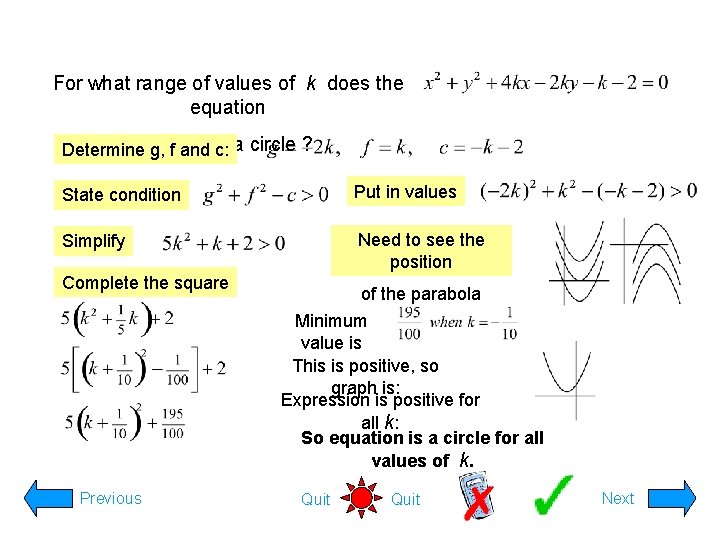 For what range of values of k does the equation Determinerepresent g, f and