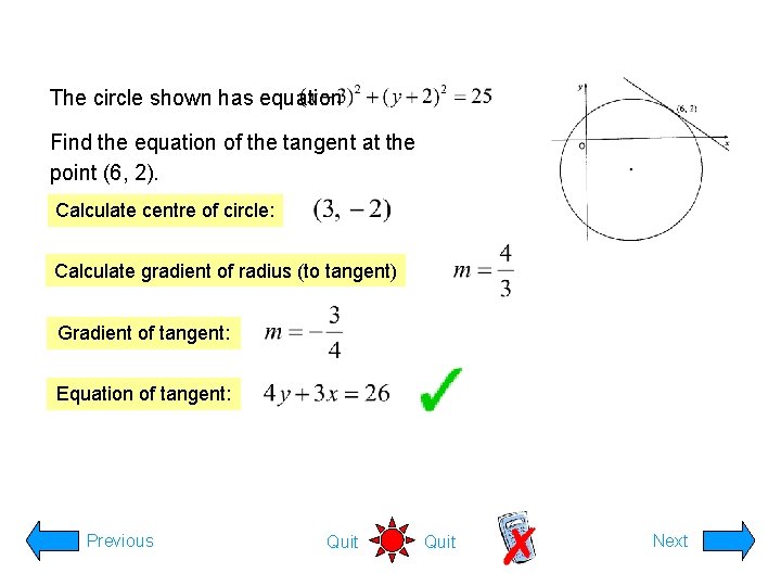 The circle shown has equation Find the equation of the tangent at the point
