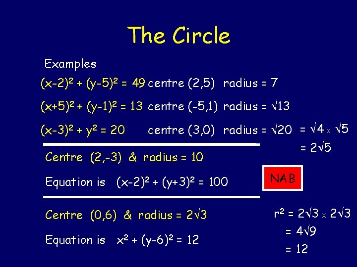 The Circle Examples (x-2)2 + (y-5)2 = 49 centre (2, 5) radius = 7