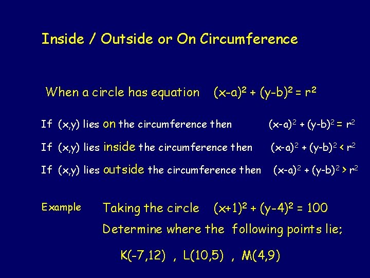 Inside / Outside or On Circumference When a circle has equation (x-a)2 + (y-b)2