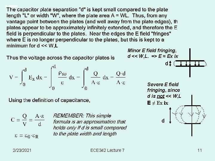 Minor E field fringing, d << W, L. => E ≈ Ex ix d