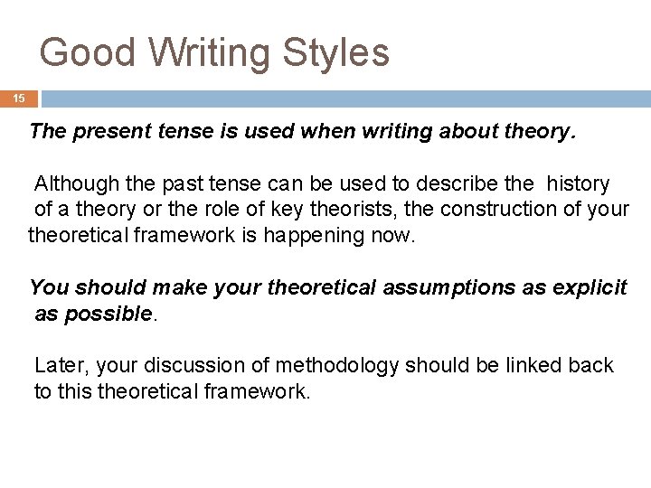 Good Writing Styles 15 The present tense is used when writing about theory. Although