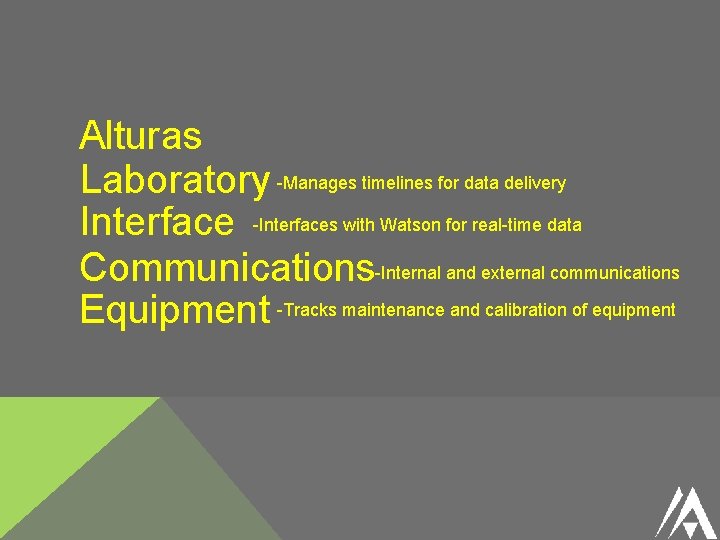 Alturas Laboratory -Manages timelines for data delivery Interface -Interfaces with Watson for real-time data