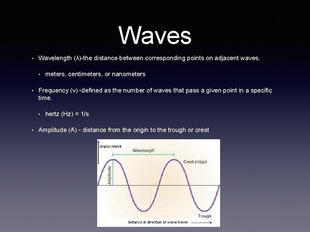 Waves • Wavelength (λ)-the distance between corresponding points on adjacent waves. • • Frequency