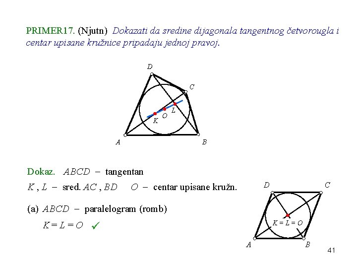 PRIMER 17. (Njutn) Dokazati da sredine dijagonala tangentnog četvorougla i centar upisane kružnice pripadaju