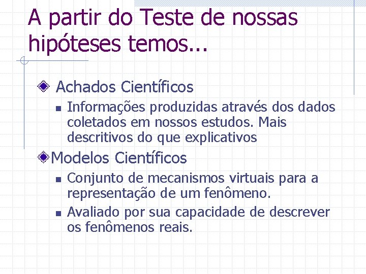A partir do Teste de nossas hipóteses temos. . . Achados Científicos n Informações