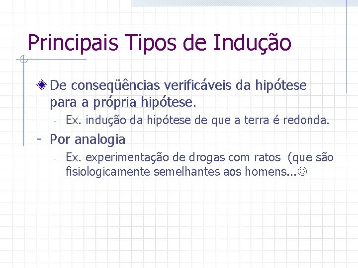 Principais Tipos de Indução De conseqüências verificáveis da hipótese para a própria hipótese. -