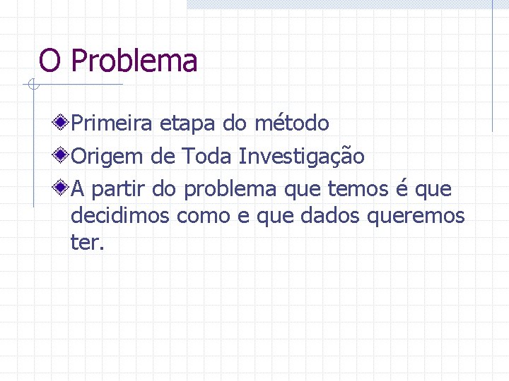 O Problema Primeira etapa do método Origem de Toda Investigação A partir do problema