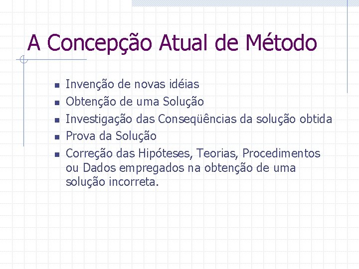 A Concepção Atual de Método n n n Invenção de novas idéias Obtenção de