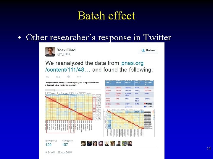 Batch effect • Other researcher’s response in Twitter 14 