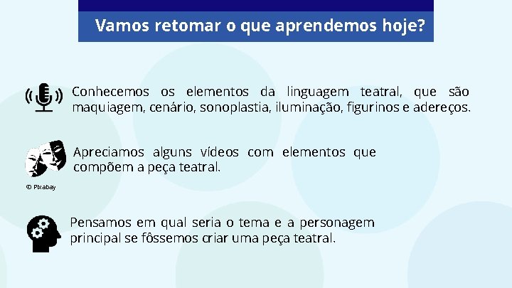 Vamos retomar o que aprendemos hoje? Conhecemos os elementos da linguagem teatral, que são