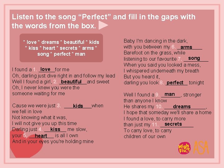 Listen to the song “Perfect” and fill in the gaps with the words from