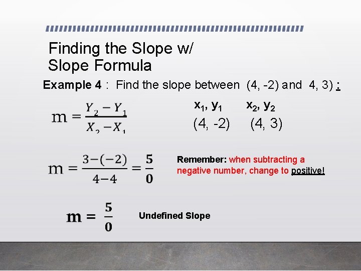Finding the Slope w/ Slope Formula Example 4 : Find the slope between (4,