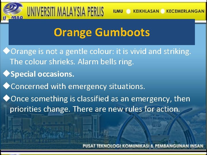 Orange Gumboots Orange is not a gentle colour: it is vivid and striking. The