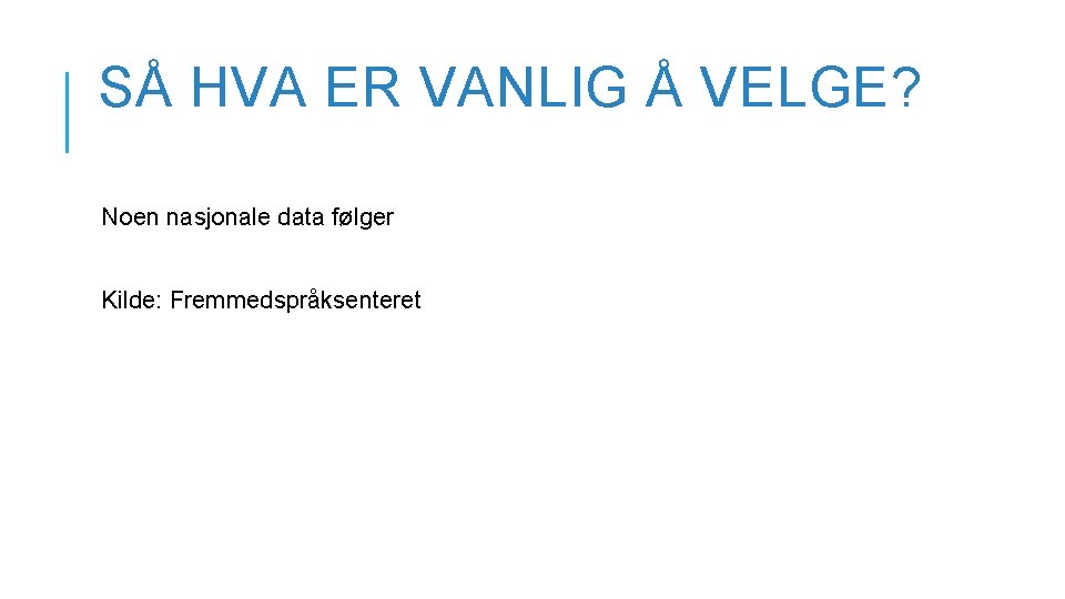 SÅ HVA ER VANLIG Å VELGE? Noen nasjonale data følger Kilde: Fremmedspråksenteret SÅ HVA ER VANLIG Å VELGE? Noen nasjonale data følger Kilde: Fremmedspråksenteret