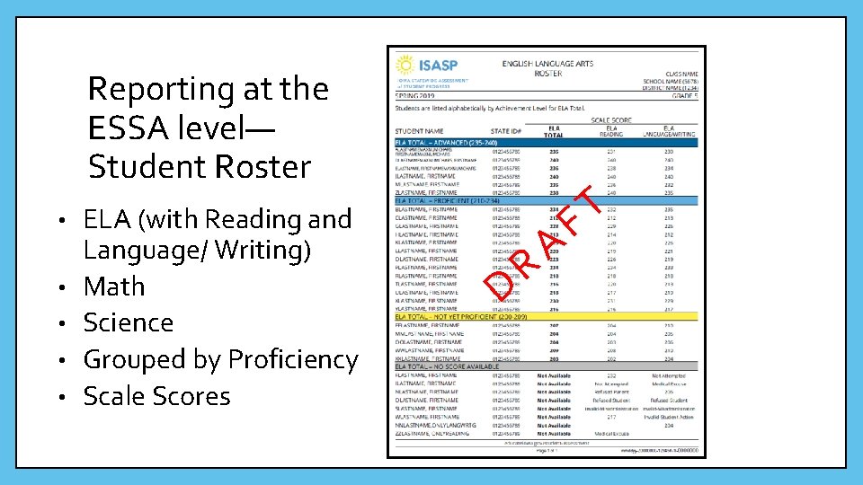 Reporting at the ESSA level— Student Roster • • • ELA (with Reading and