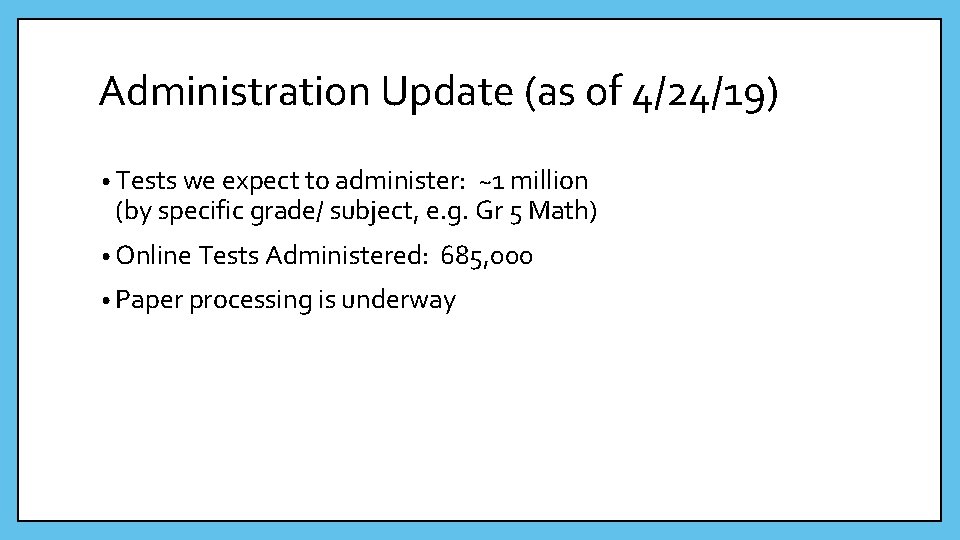 Administration Update (as of 4/24/19) • Tests we expect to administer: ~1 million (by