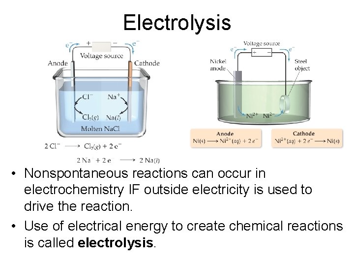 Electrolysis • Nonspontaneous reactions can occur in electrochemistry IF outside electricity is used to