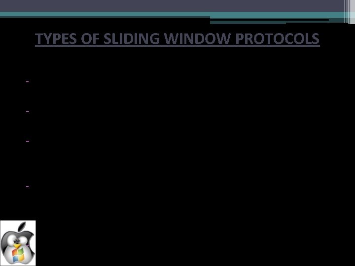 TYPES OF SLIDING WINDOW PROTOCOLS One Bit Sliding Window protocol - The sender sends