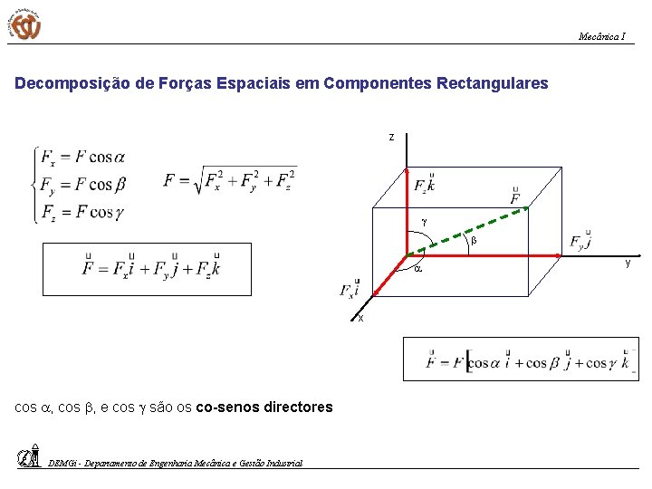 Mecânica I Decomposição de Forças Espaciais em Componentes Rectangulares z x cos , e