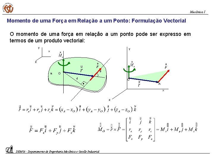 Mecânica I Momento de uma Força em Relação a um Ponto: Formulação Vectorial O