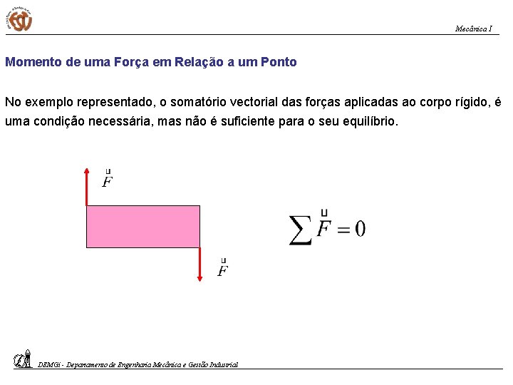 Mecânica I Momento de uma Força em Relação a um Ponto No exemplo representado,