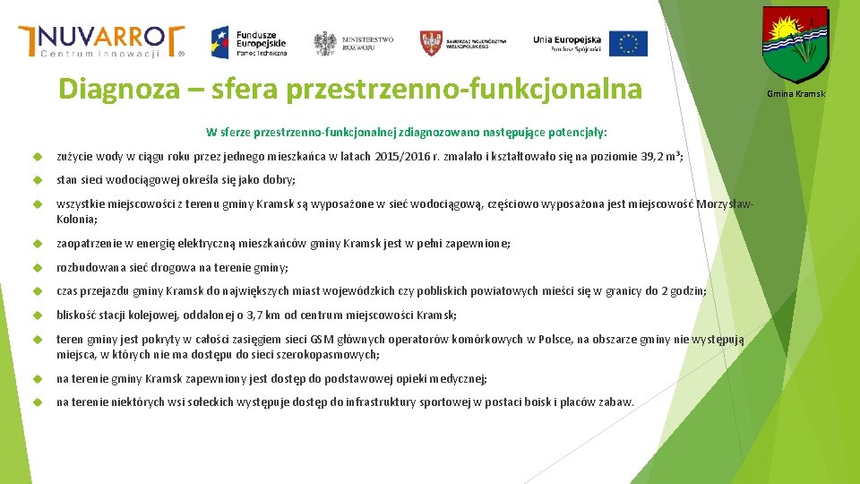 Diagnoza – sfera przestrzenno-funkcjonalna W sferze przestrzenno-funkcjonalnej zdiagnozowano następujące potencjały: zużycie wody w ciągu