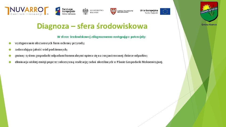 Diagnoza – sfera środowiskowa W sferze środowiskowej zdiagnozowano następujące potencjały: występowanie obszarowych form ochrony