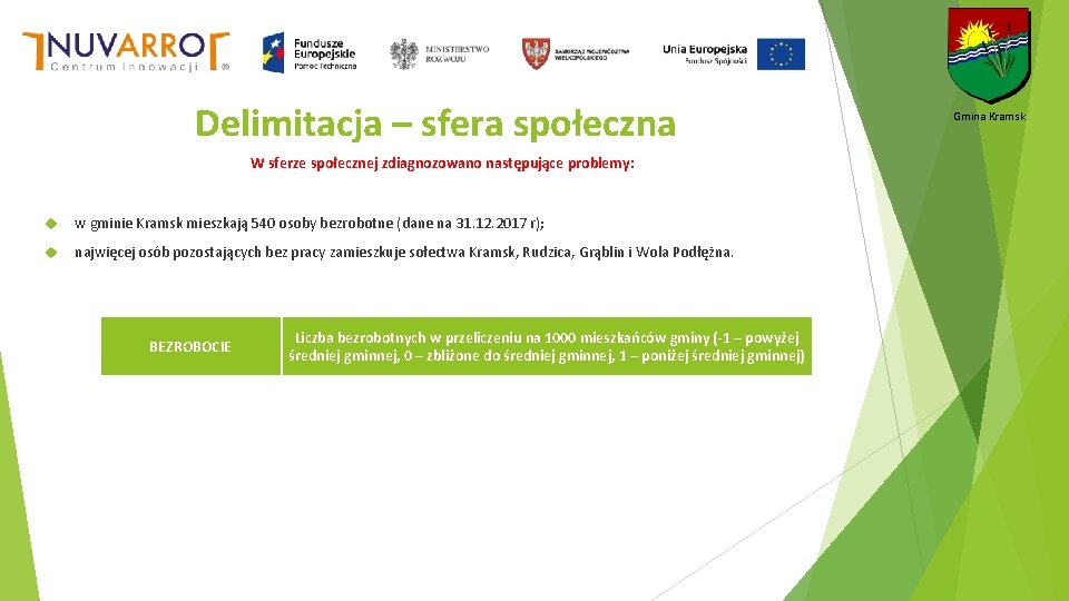 Delimitacja – sfera społeczna W sferze społecznej zdiagnozowano następujące problemy: w gminie Kramsk mieszkają