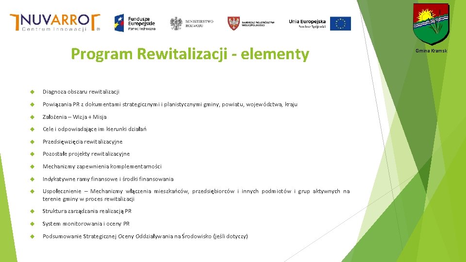 Program Rewitalizacji - elementy Diagnoza obszaru rewitalizacji Powiązania PR z dokumentami strategicznymi i planistycznymi