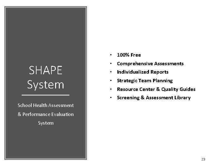 SHAPE System • • • 100% Free Comprehensive Assessments Individualized Reports Strategic Team Planning