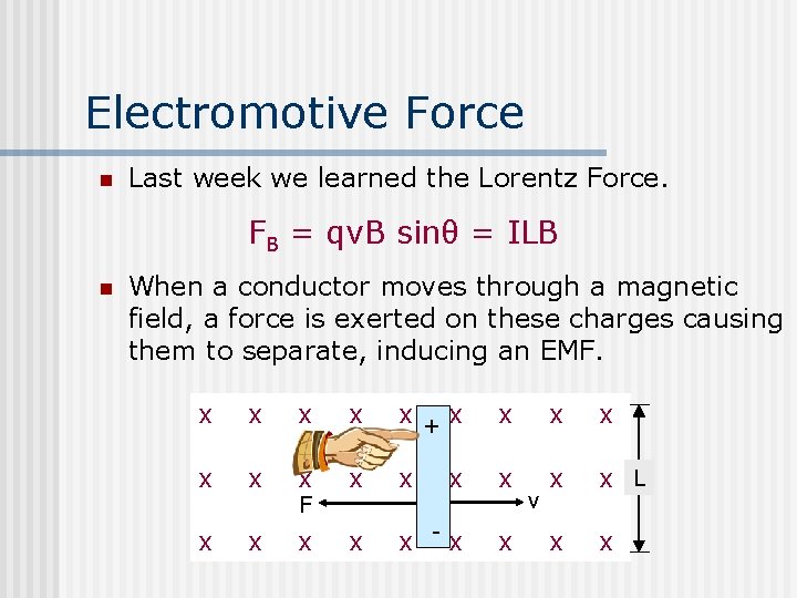 Electromotive Force n Last week we learned the Lorentz Force. FB = qv. B