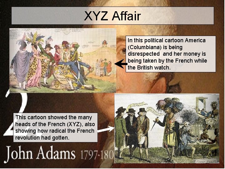 XYZ Affair In this political cartoon America (Columbiana) is being disrespected and her money