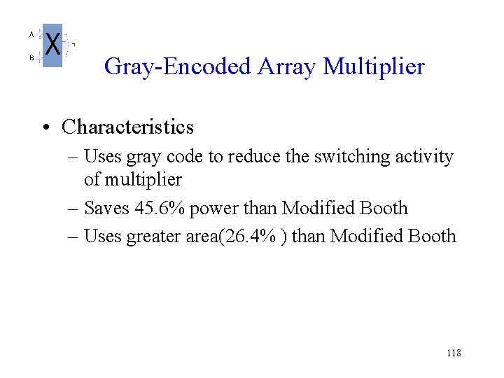  Gray-Encoded Array Multiplier • Characteristics – Uses gray code to reduce the switching
