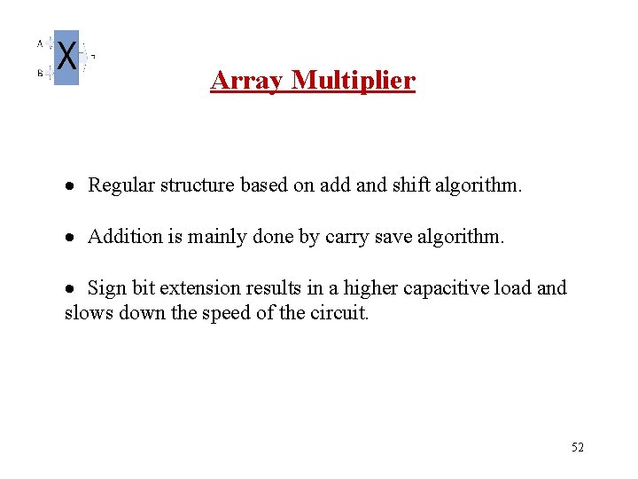  Array Multiplier · Regular structure based on add and shift algorithm. · Addition