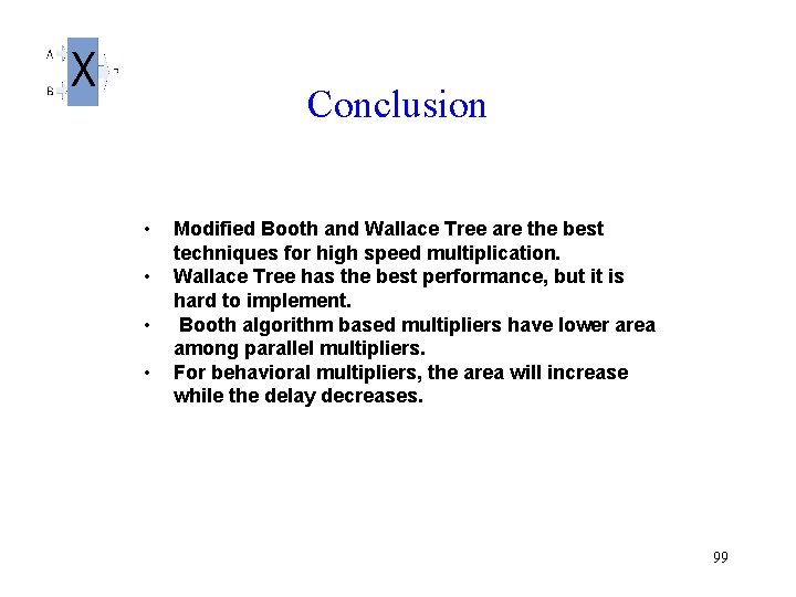 Conclusion • • Modified Booth and Wallace Tree are the best techniques for high