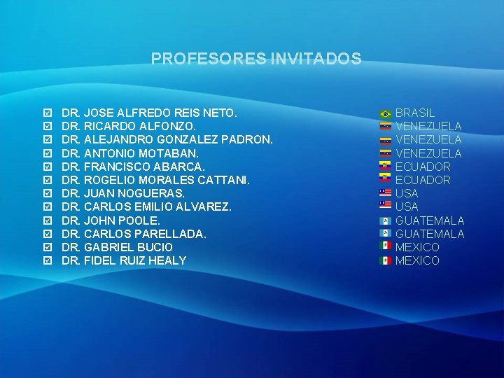 PROFESORES INVITADOS þ þ þ DR. JOSE ALFREDO REIS NETO. DR. RICARDO ALFONZO. DR.