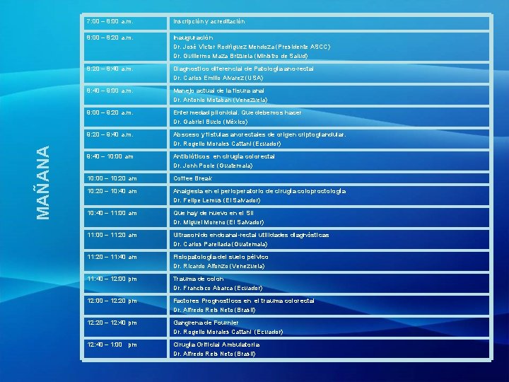 MAÑANA 7: 00 – 8: 00 a. m. Inscripción y acreditación 8: 00 –