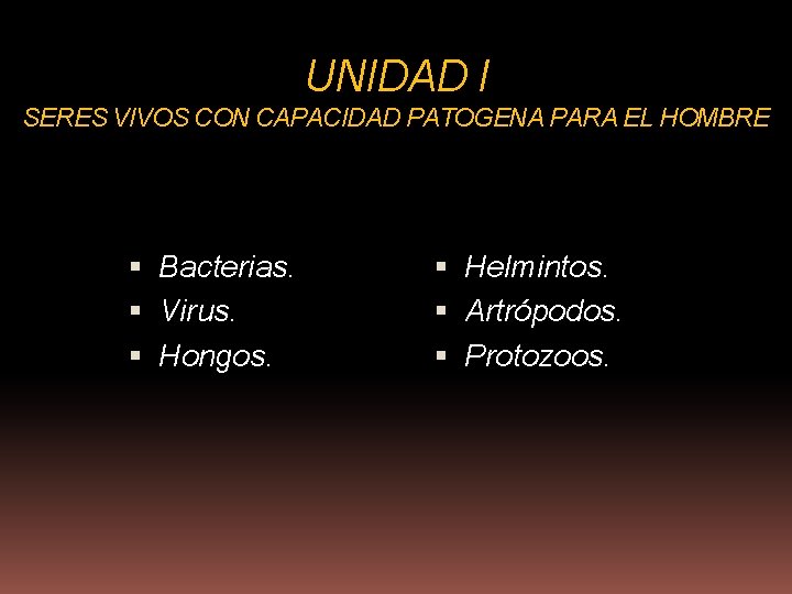 UNIDAD I SERES VIVOS CON CAPACIDAD PATOGENA PARA EL HOMBRE Bacterias. Virus. Hongos. Helmintos.