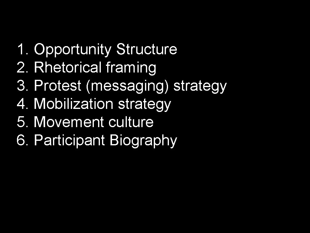 1. Opportunity Structure 2. Rhetorical framing 3. Protest (messaging) strategy 4. Mobilization strategy 5.